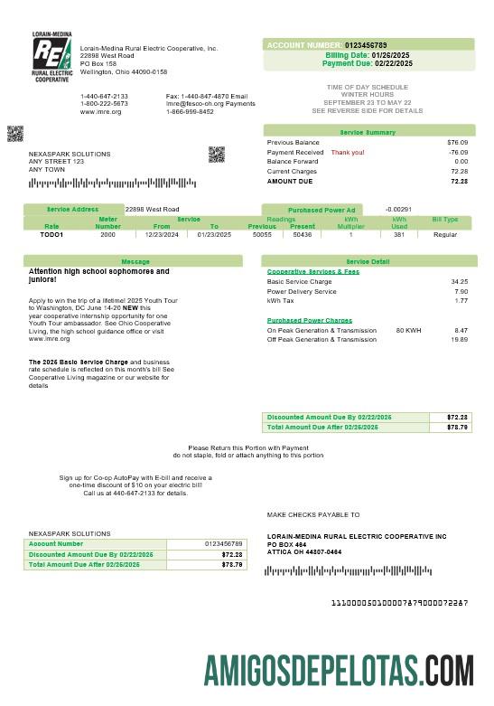 imprimível Modelo de conta de serviços públicos de eletricidade rural dos EUA Ohio Lorain Medina em formatos Word e PDF